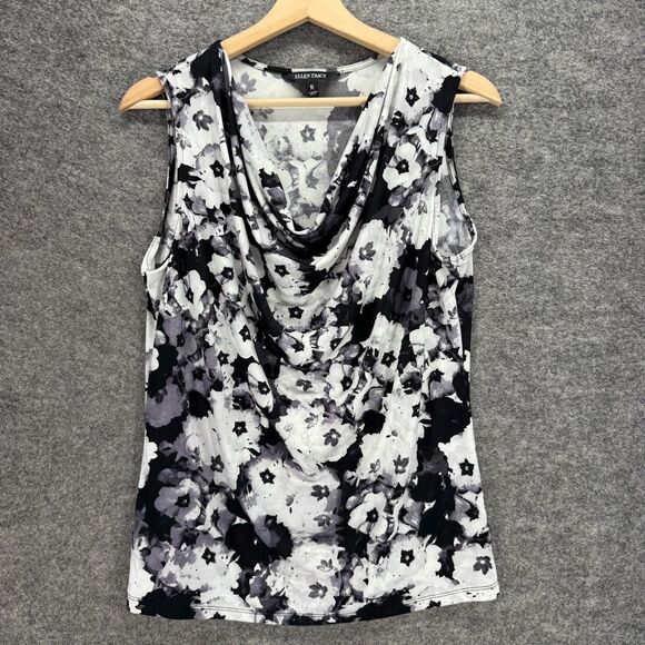Ellen Tracy Blouse Women M Medium Black Floral V-Neck Sleeveless Wide Strap - Picture 1 of 7